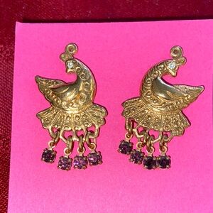 Vintage AVON GoldTone Peacock Dangling Purple Rhinestones Post Earrings
